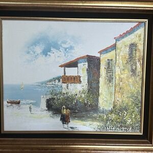 VTG Original Oil Painting 23x27 Inch Coastal Village Scene People Boat Signed